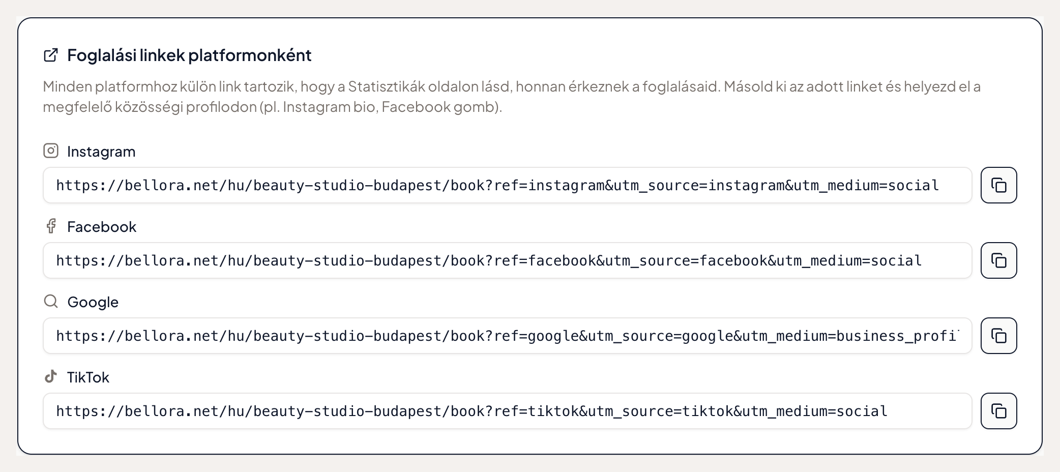 A Bellora Közösségi média fülén a Foglalási linkek platformonként kártya külön linkkel Instagramhoz, Facebookhoz, Google-höz és TikTokhoz